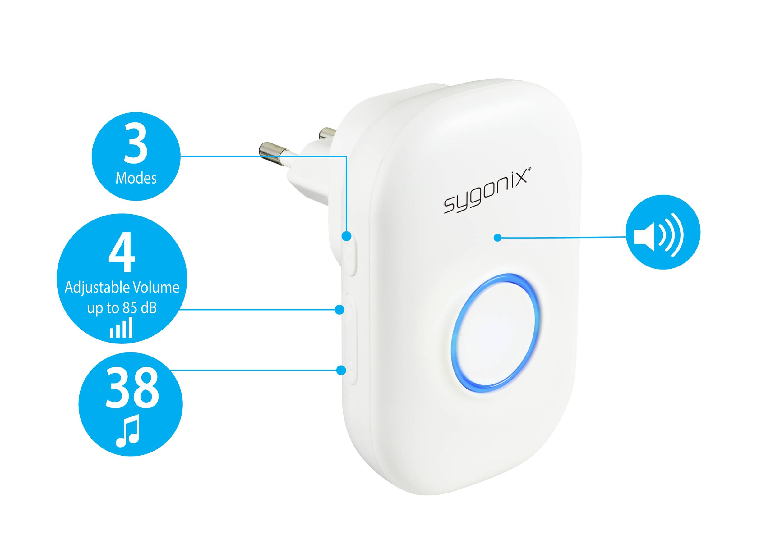Síťový zvonek se 3 módy a nastavením hlasitosti až 85 dB, model 'sygonix', s ikonou reproduktoru na zařízení.
