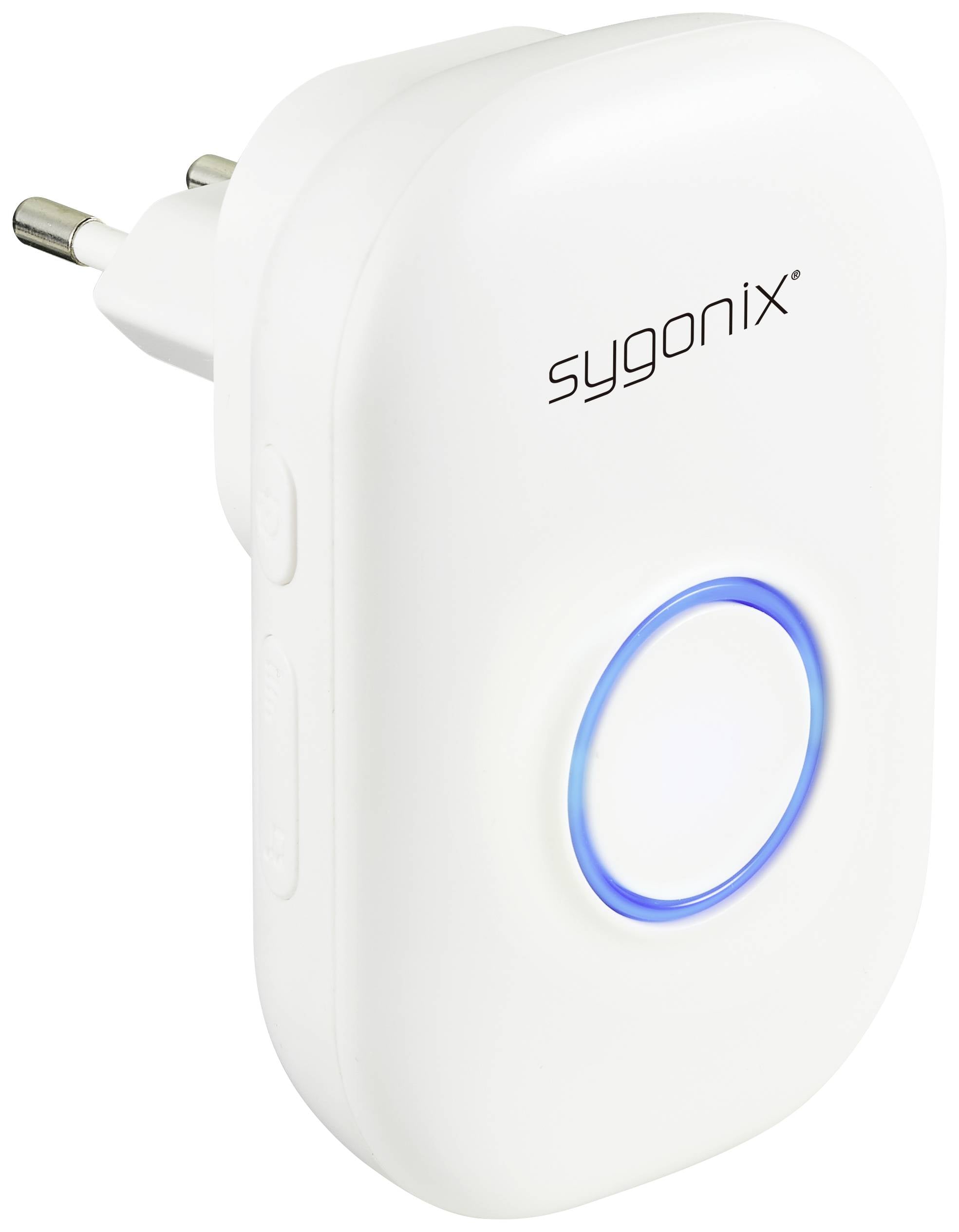 Bílý bezdrátový zvonek s modrým svítícím tlačítkem a nápisem 'sygonix', který se přímo zapojuje do elektrické zásuvky.