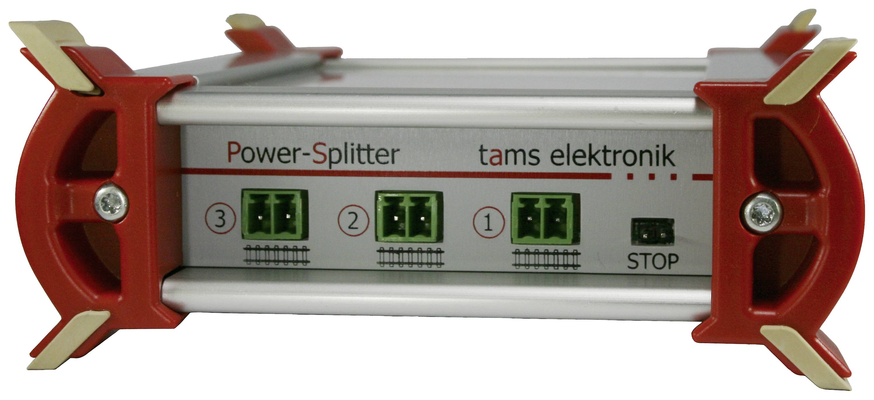 Červeno-bílé rozdělovací zařízení značky 'tams elektronik' se čtyřmi přípojkami a zastavovacím spínačem na přední straně.