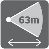 Symbol bezpečnostní vzdálenosti s kuželem, který zobrazuje vzdálenost 63 metrů. Dva šipky dole ukazují doleva a doprava.