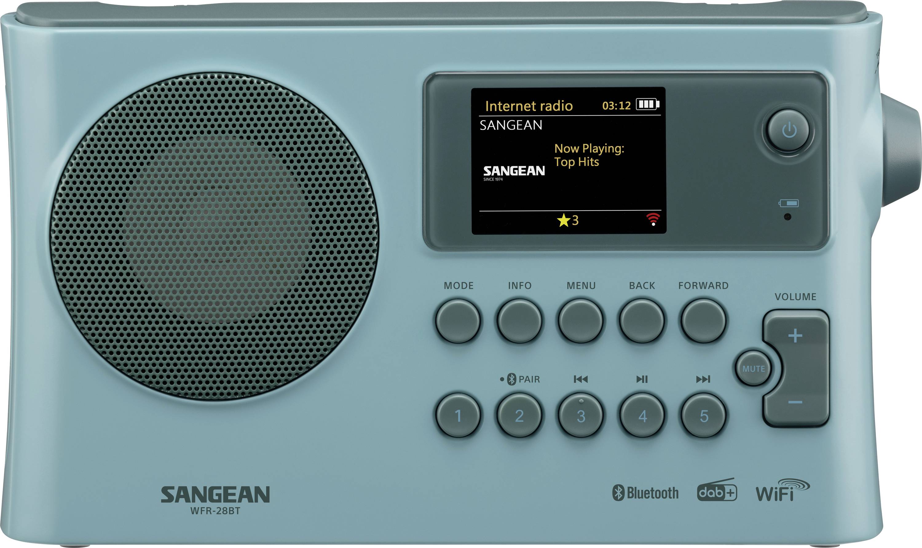 Tyrkysový přenosný internetový rádio Sangean s reproduktorem, displej zobrazující "Internetové rádio" a "Nyní se přehrává: Top Hits", plus tlačítka a ovladač hlasitosti.