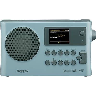 Tyrkysový přenosný internetový rádio Sangean s reproduktorem, displej zobrazující "Internetové rádio" a "Nyní se přehrává: Top Hits", plus tlačítka a ovladač hlasitosti.