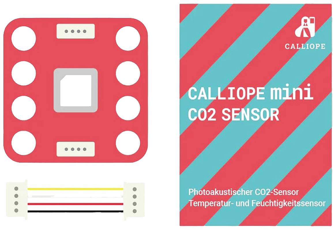 Balení a senzorová deska s kabely senzoru CALLIOPE mini CO2. Obsahuje fotoakustický senzor CO2, teploty a vlhkosti.
