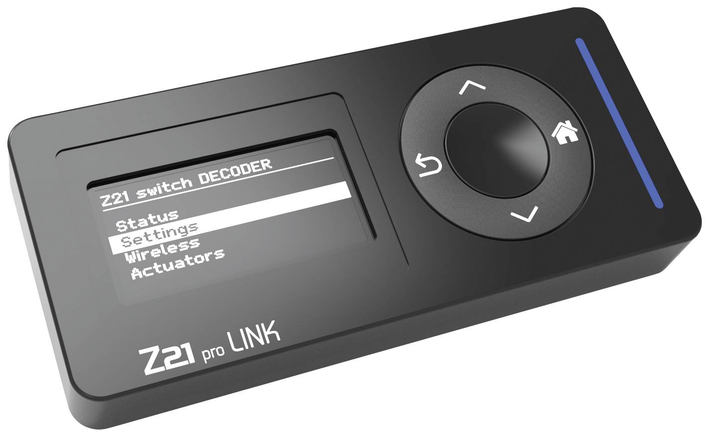 Černá řídicí jednotka 'Z21 pro LINK' s displejem, zobrazující nabídku s možnostmi: 'Stav', 'Nastavení', 'Bezdrátové', 'Akční členy'.