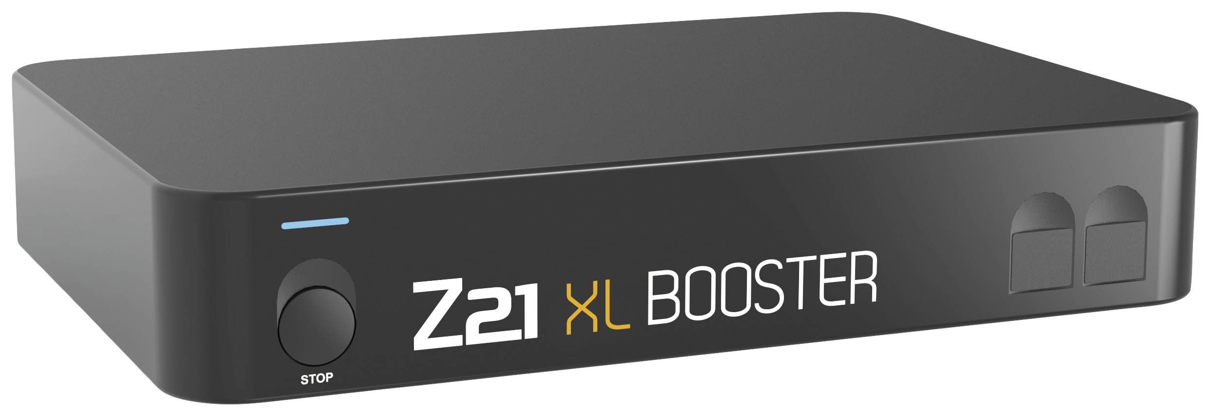 Obdélníkový zesilovač Z21 XL, zařízení pro zesílení elektrických signálů, s černým krytem a ovládacím knoflíkem na levé straně.