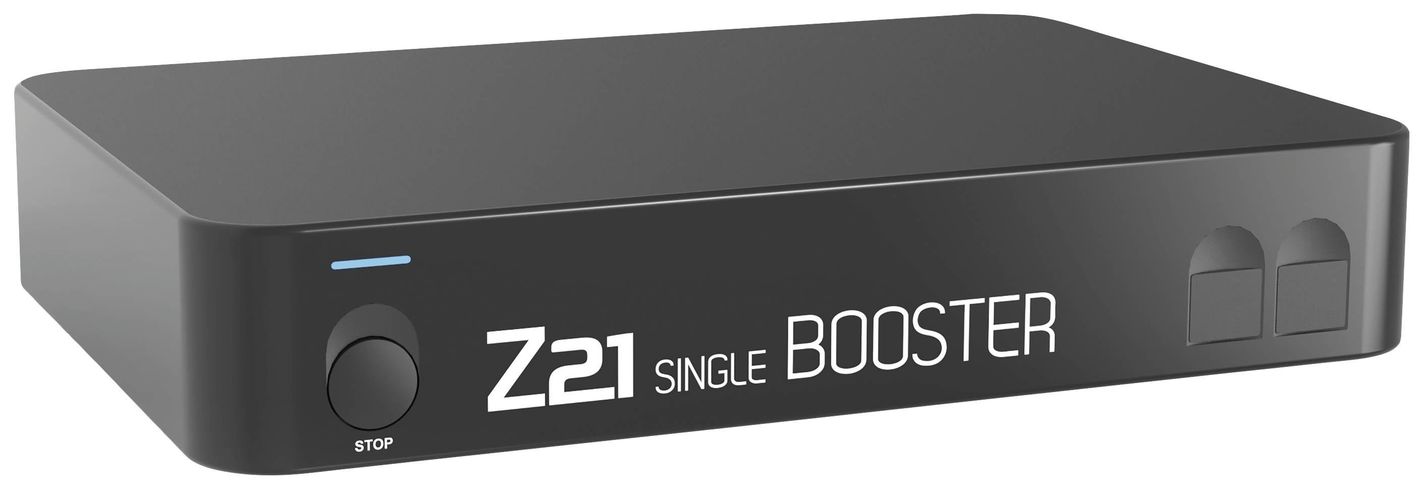 Černá elektronická jednotka s nápisem 'Z21 Single Booster' na přední straně. Na přední straně se nachází tlačítko.