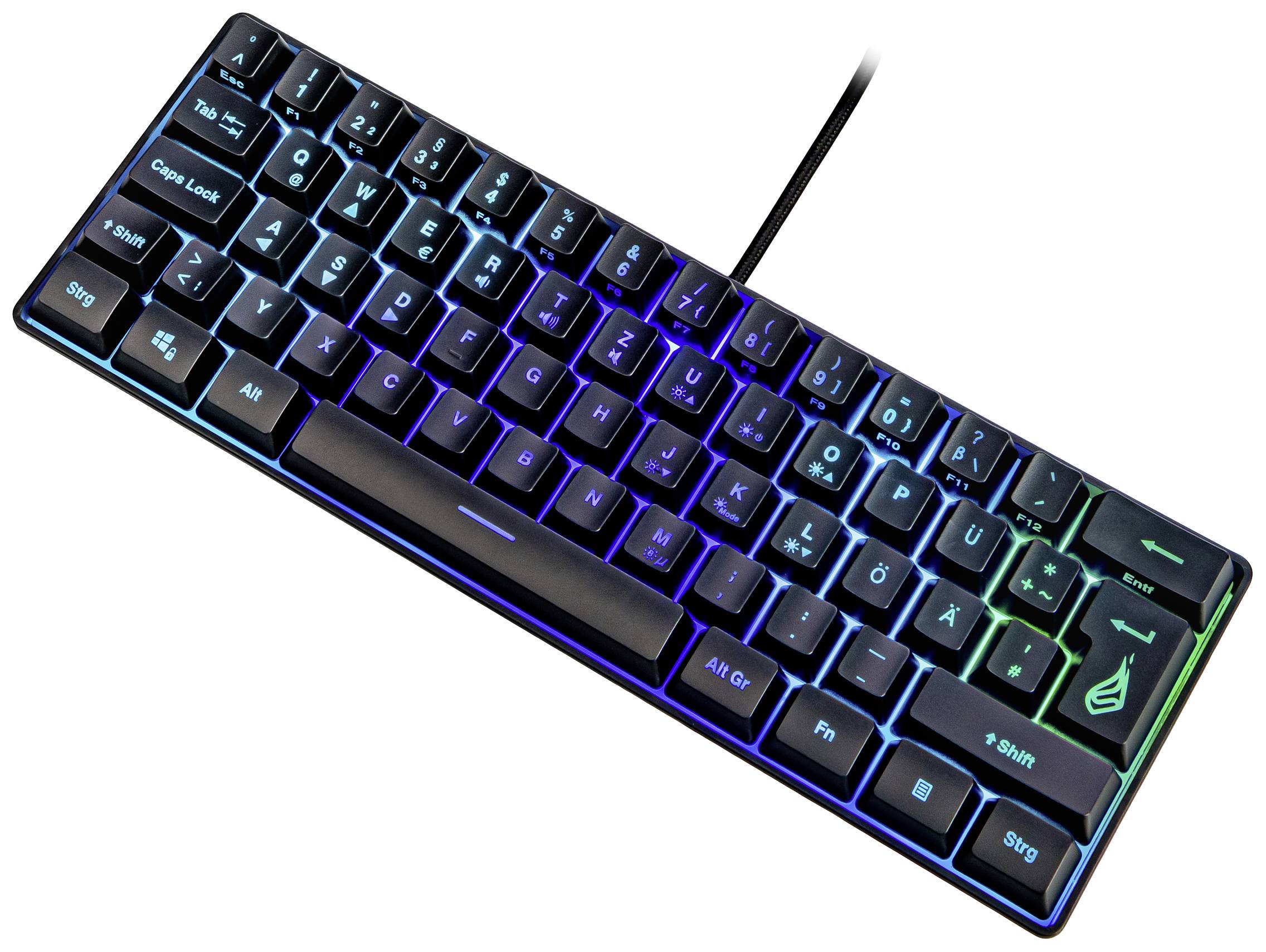 Podsvícená herní klávesnice s RGB podsvětlením, zobrazující různé barvy od modré po fialovou, bez numerické části.