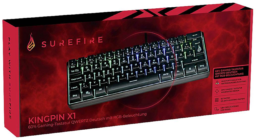 Balení herní klávesnice 'KINGPIN X1' s RGB podsvícením. 60% QWERTZ rozložení, německá verze. Značka: SureFire.