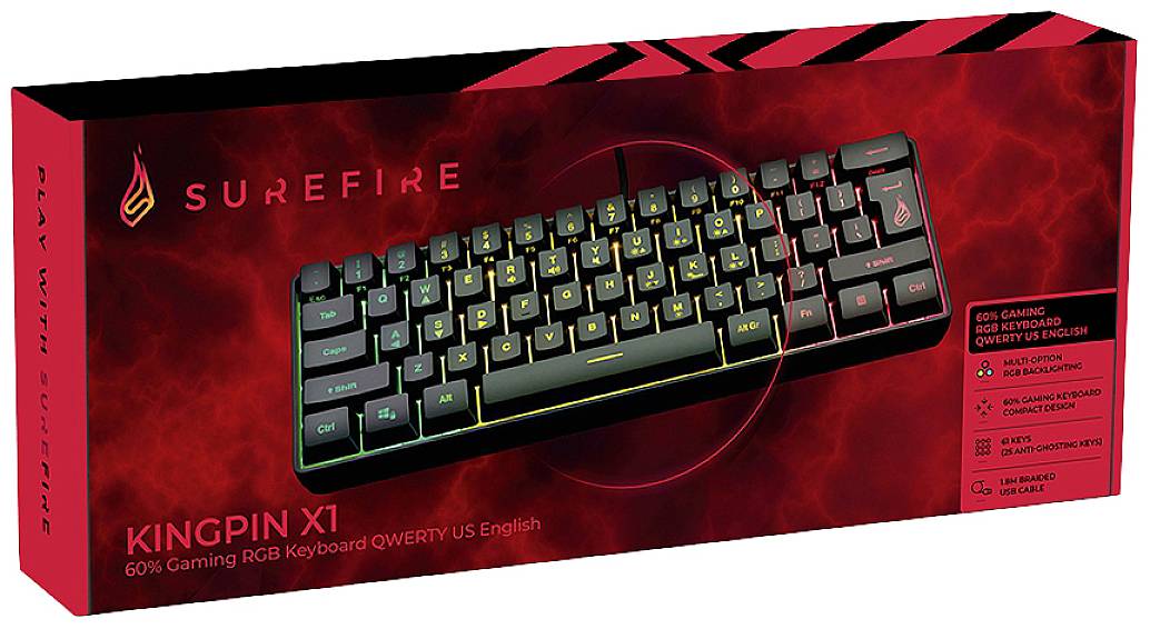 Obal herního klávesnice SureFire Kingpin X1 RGB. Zobrazení klávesnice se svítícími klávesami a informacemi o produktu.
