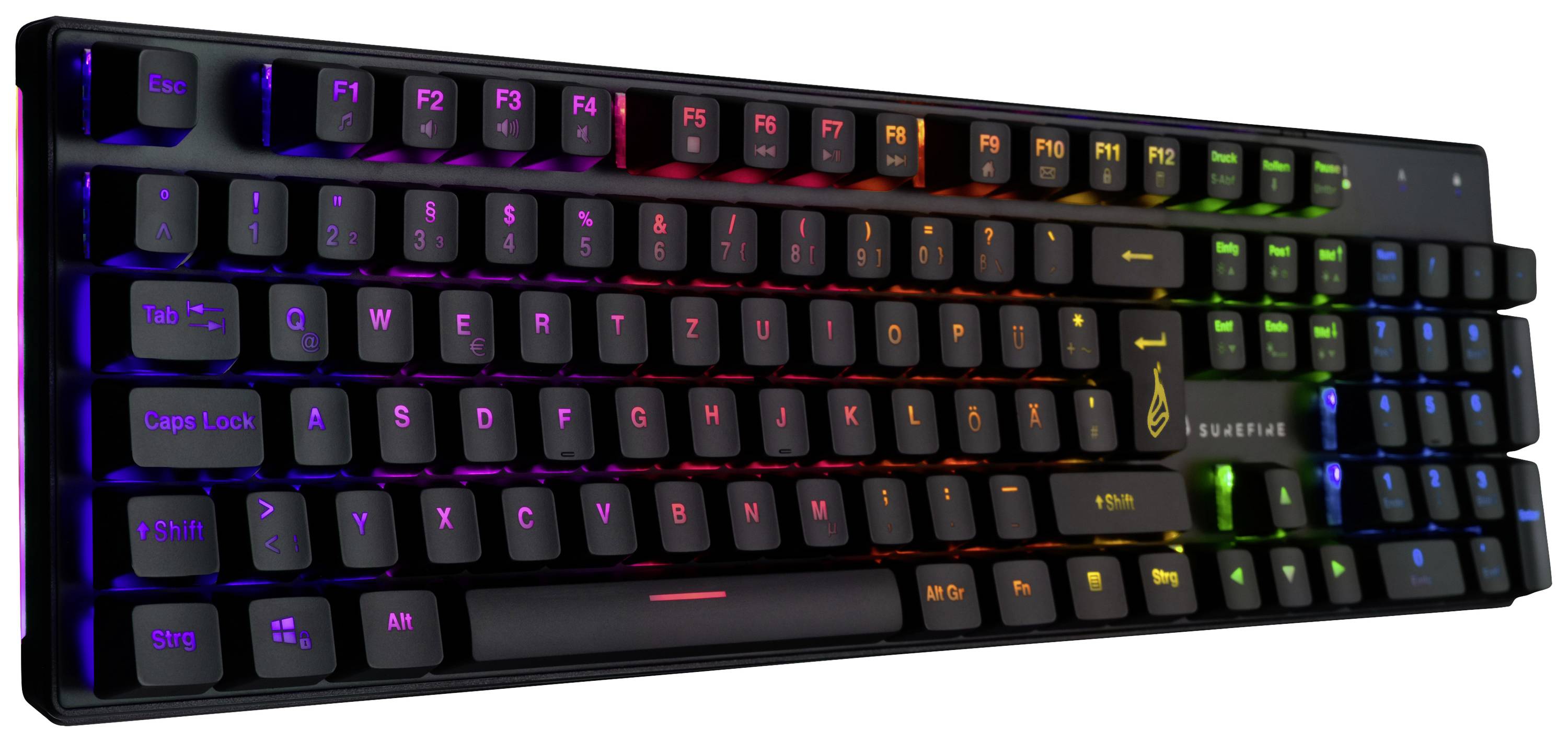 Vícebarevná mechanická klávesnice s podsvícenými klávesami a štíhlým designem.
