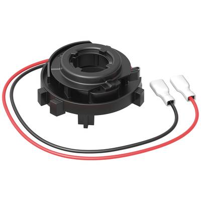 Černý elektrický konektor se dvěma kabely, černým a červeným. Konce kabelů mají kovové konektory.