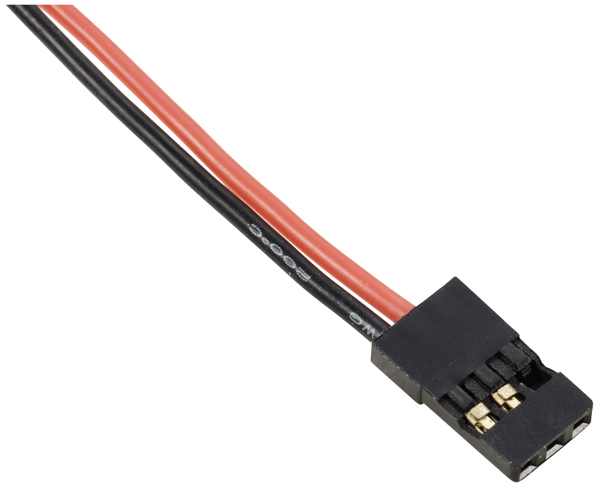 Černý a červený vodič, které končí ve dvoupólovém konektoru. Tento konektor se často používá v elektronických zařízeních.