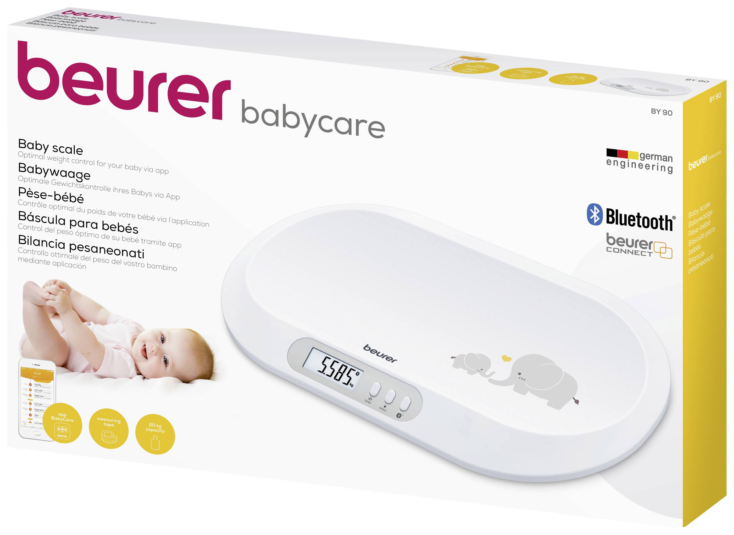 'Beurer babycare' Dětská váha s připojením Bluetooth, vhodná od narození, digitální displej s motivem slona, max. 20 kg.