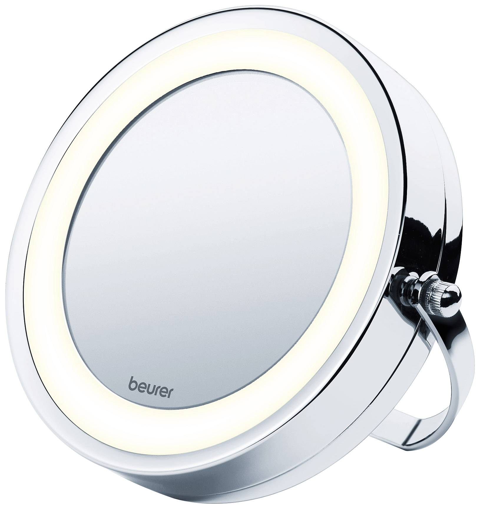 Kulatý kosmetický zrcadlo s LED osvětlením; stříbrný design se stojanem; logo značky 'beurer' na přední straně.