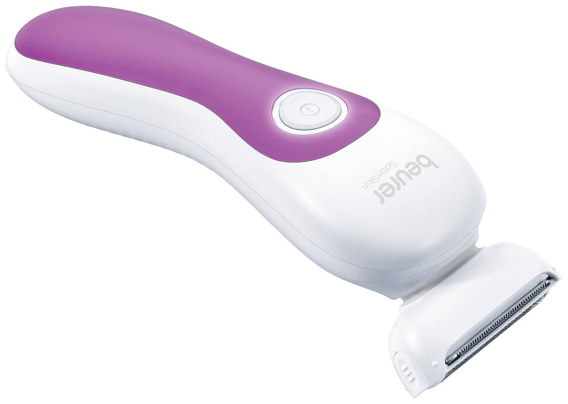 Elektrický dámský holicí strojek s bílým a fialovým designem, otočnou hlavou a ergonomickou rukojetí.