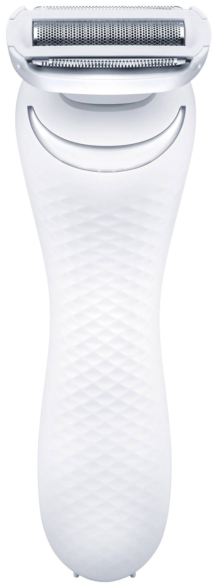 Elektrický holicí strojek s bílou strukturovanou rukojetí a stříbrnou čepelí, vhodný pro odstraňování chloupků.