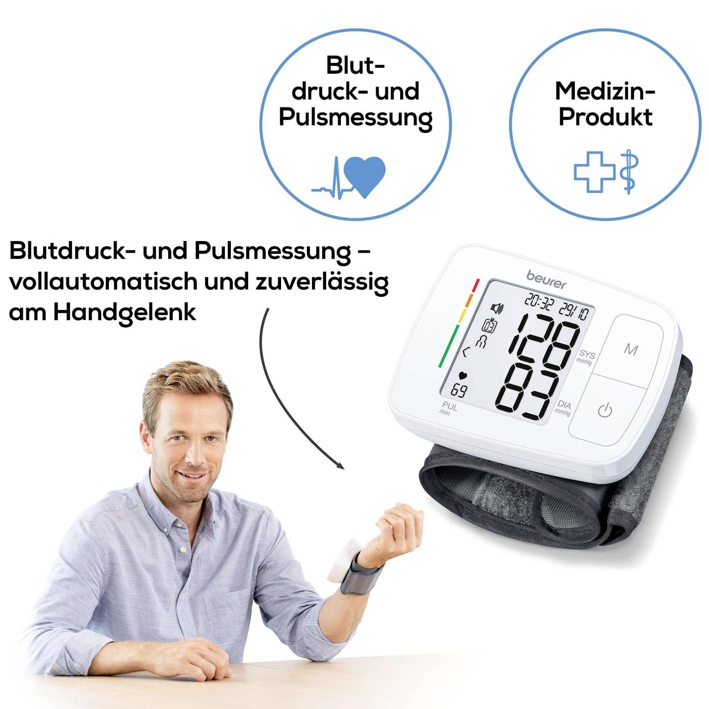 Muž si měří krevní tlak na zápěstí digitálním přístrojem. Text popisuje přístroj jako plně automatický a spolehlivý.