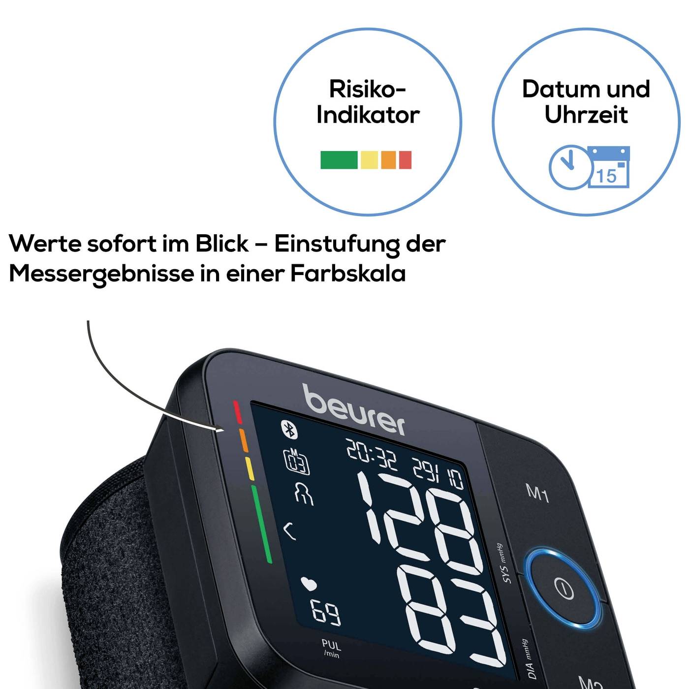 Elektronický měřič krevního tlaku s LCD displejem, zobrazuje naměřené hodnoty a puls. Barevná stupnice pro hodnocení rizika a zobrazení času.