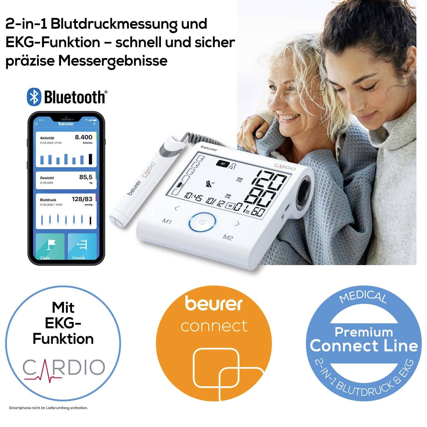 Přístroj pro měření krevního tlaku s EKG funkcí, připojením Bluetooth, zobrazením naměřených hodnot a integrací mobilní aplikace, dvě ženy v pozadí.