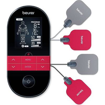 Elektronické přístroj na elektrickou stimulaci s displejem zobrazuje programy a intenzitu. Čtyři elektrody jsou připojeny. Značka: Beurer.