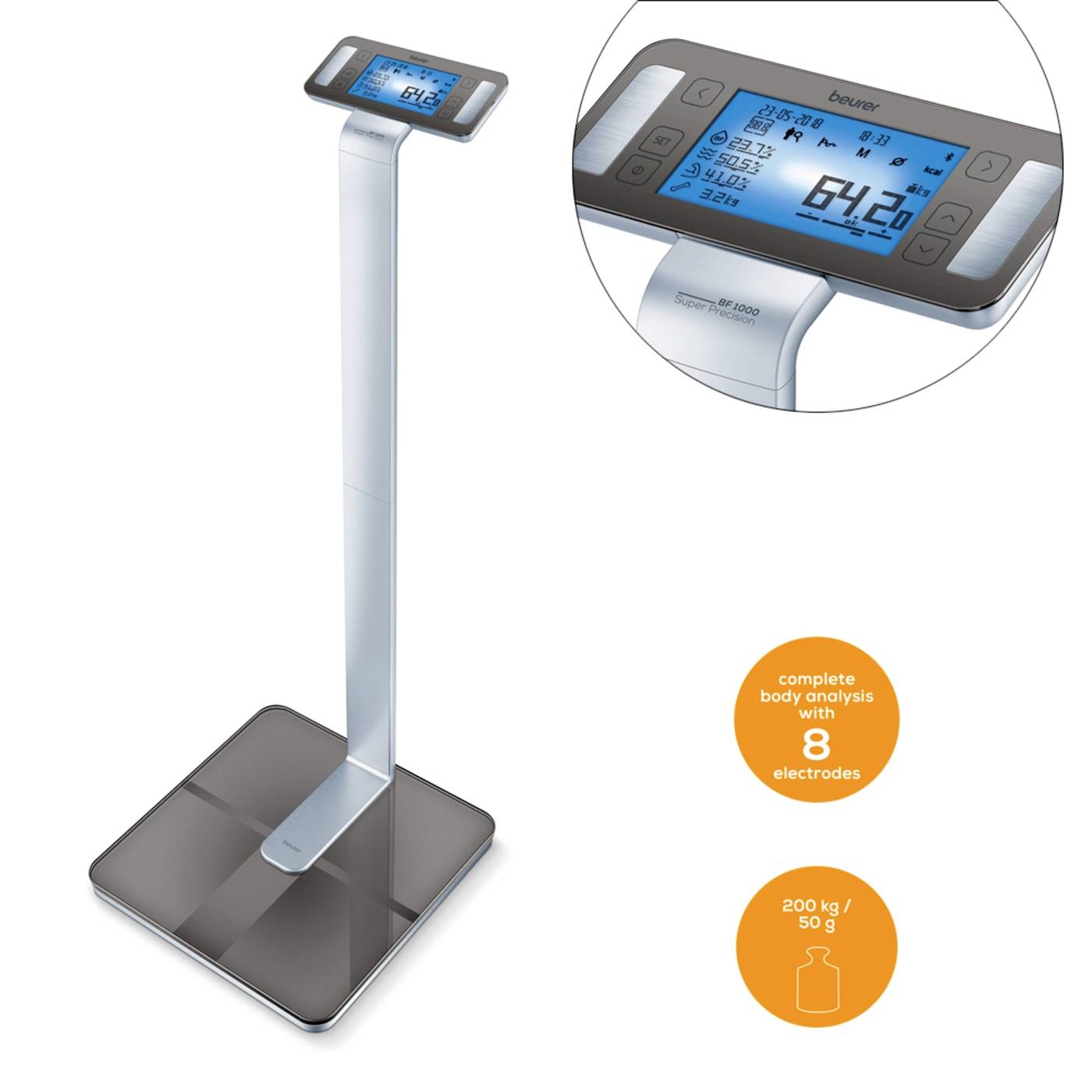 Elektronická analytická váha s digitálním displejem, zobrazující hmotnost 64,2 kg a parametry tělesné analýzy. Detailní kruhový obrázek a symbolické grafiky vysvětlují funkce.