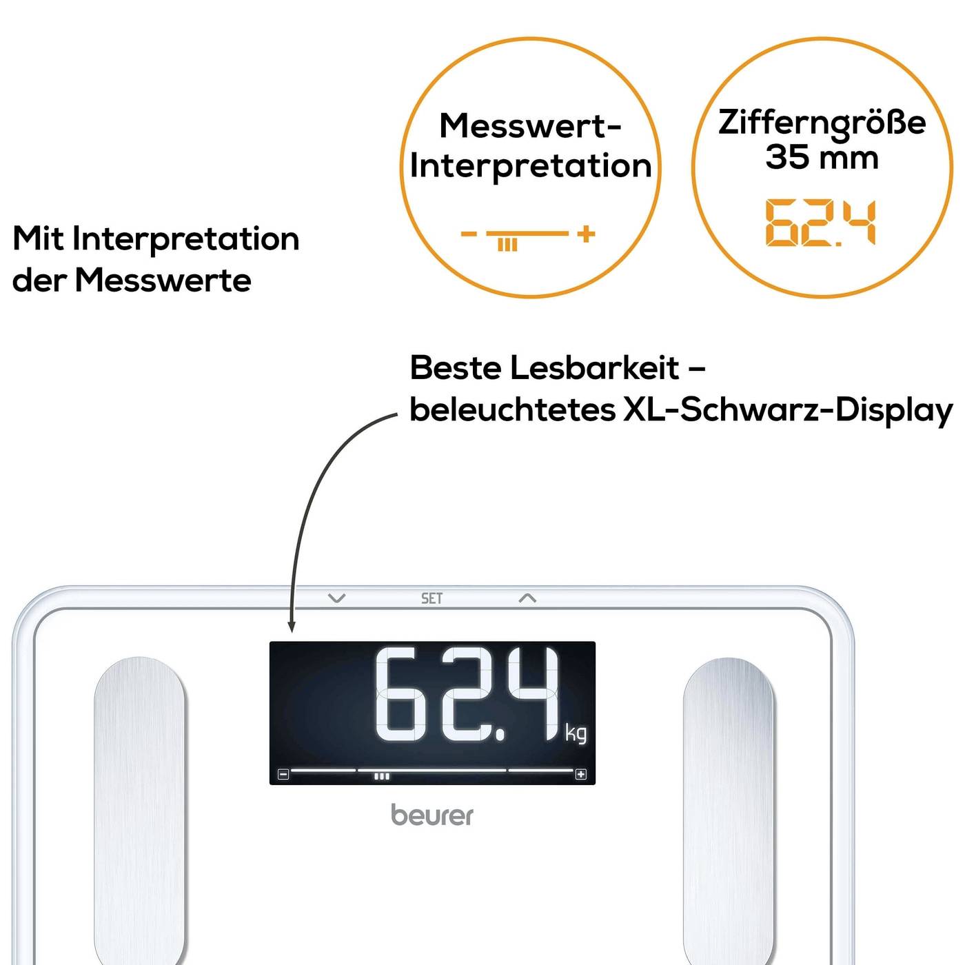 Digitální váha od Beurer s XL černým displejem a podsvíceným displejem. Měřené hodnoty a číslice o velikosti 35 mm jsou zvýrazněny.