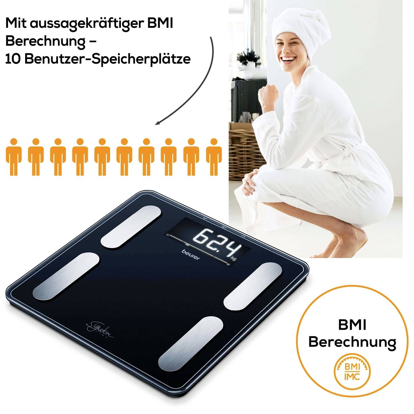Žena sedí uvolněně v županu a usmívá se. V popředí je digitální váha s displejem, který ukazuje 62,4 kg. Text uvádí: S výpovědní hodnotou výpočtu BMI – 10 uživatelských paměťových míst.