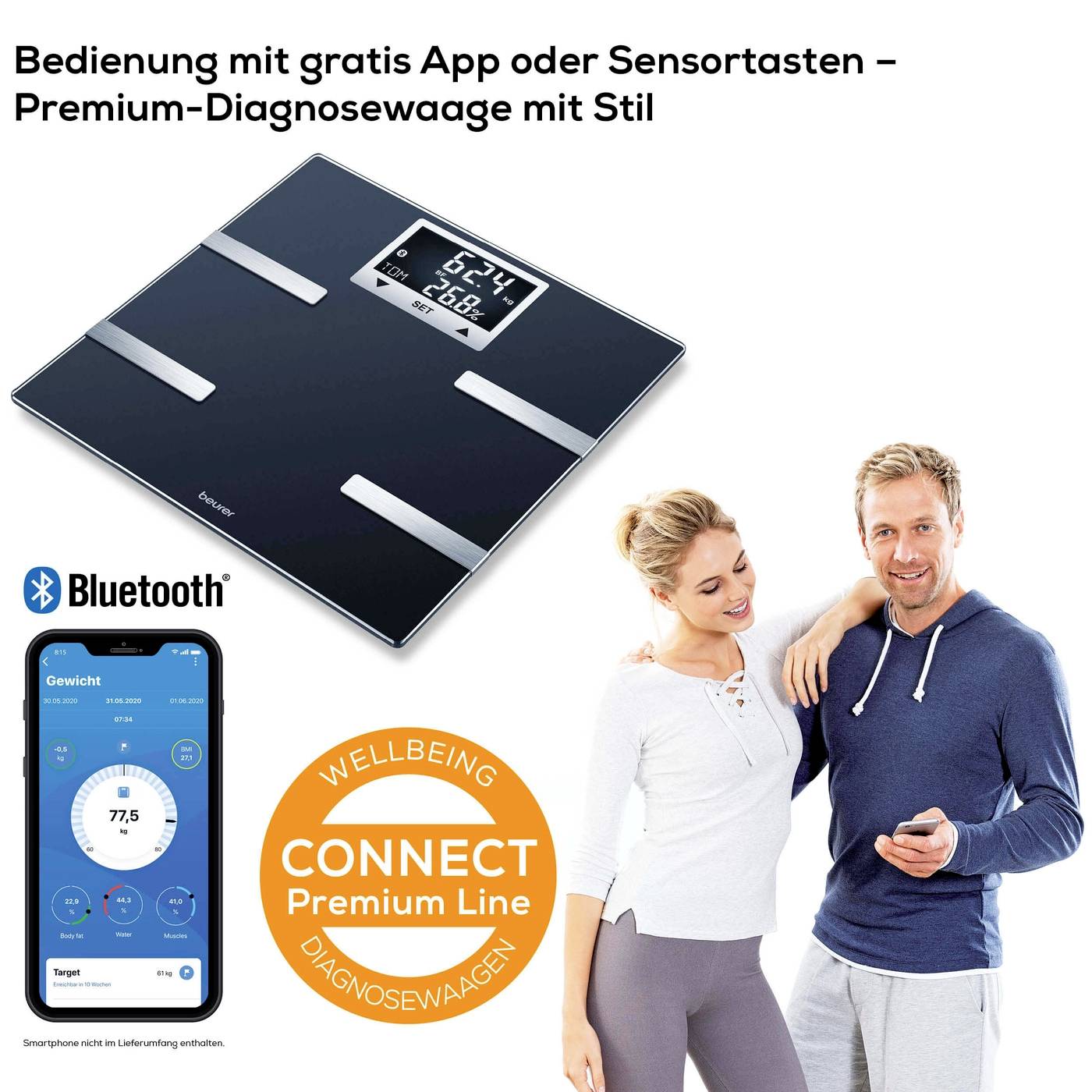 Osobní váha s digitálním displejem a kompatibilitou s aplikací. Funkce zahrnují analýzu hmotnosti a připojení přes Bluetooth.