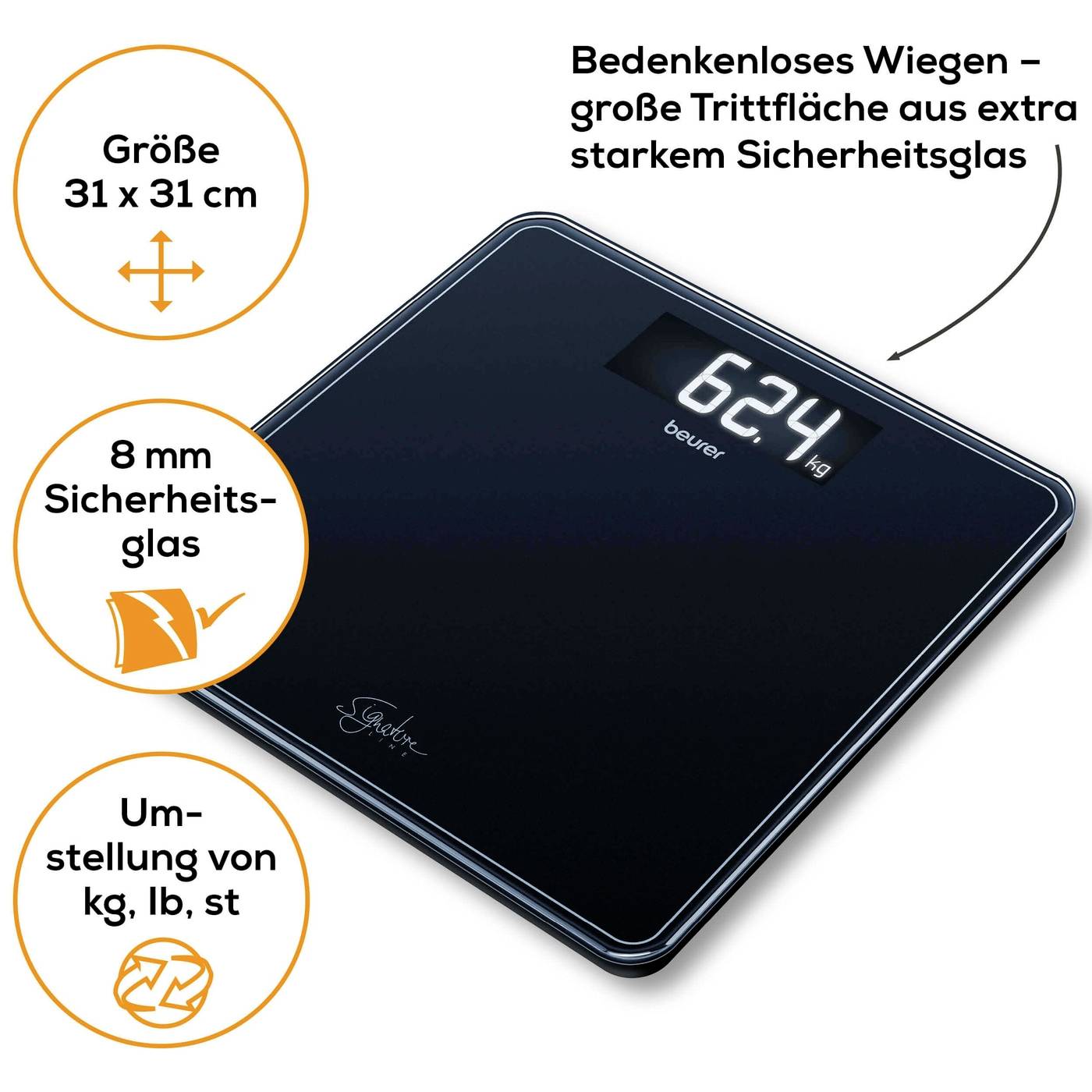 Digitální váha s bezpečnostním sklem, rozměr 31 x 31 cm. Hmotnost 6,24 kg. Možnost přepínání mezi kg, lb, st.