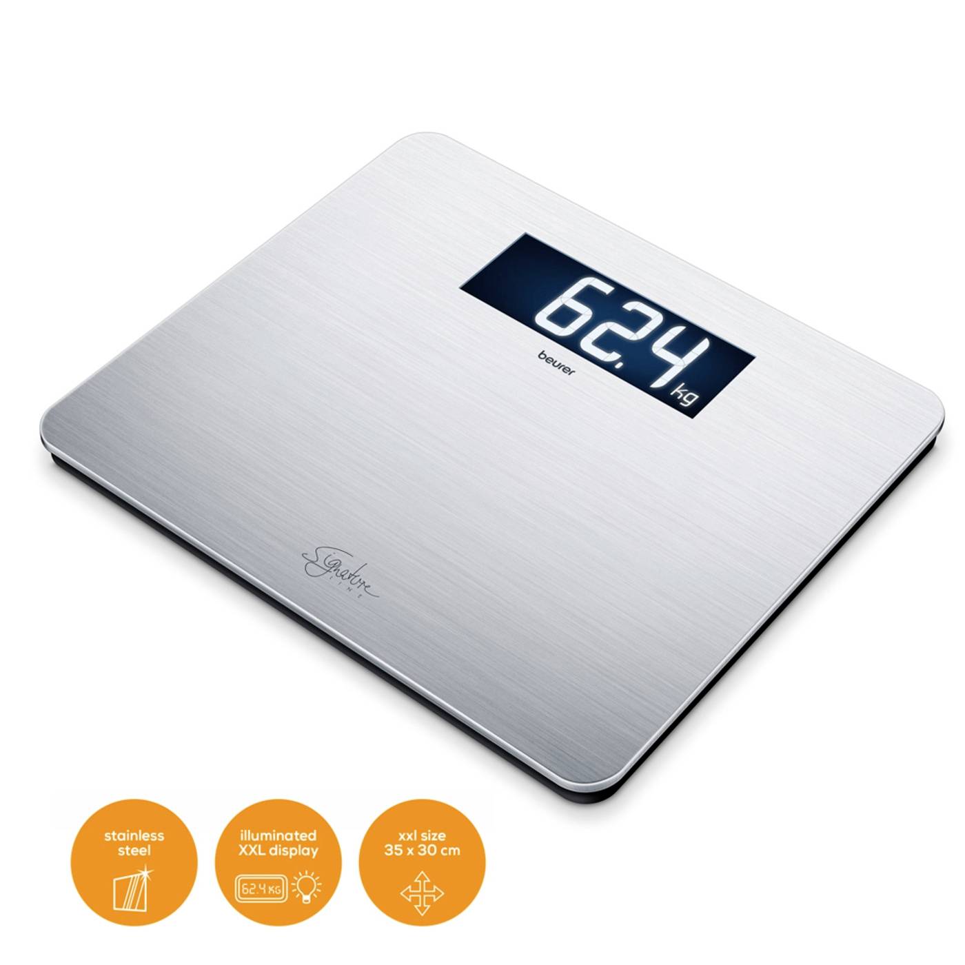 Digitální osobní váha z nerezové oceli s velkým podsvíceným displejem, který zobrazuje '62,4 kg', vhodná do koupelny nebo fitness prostoru.