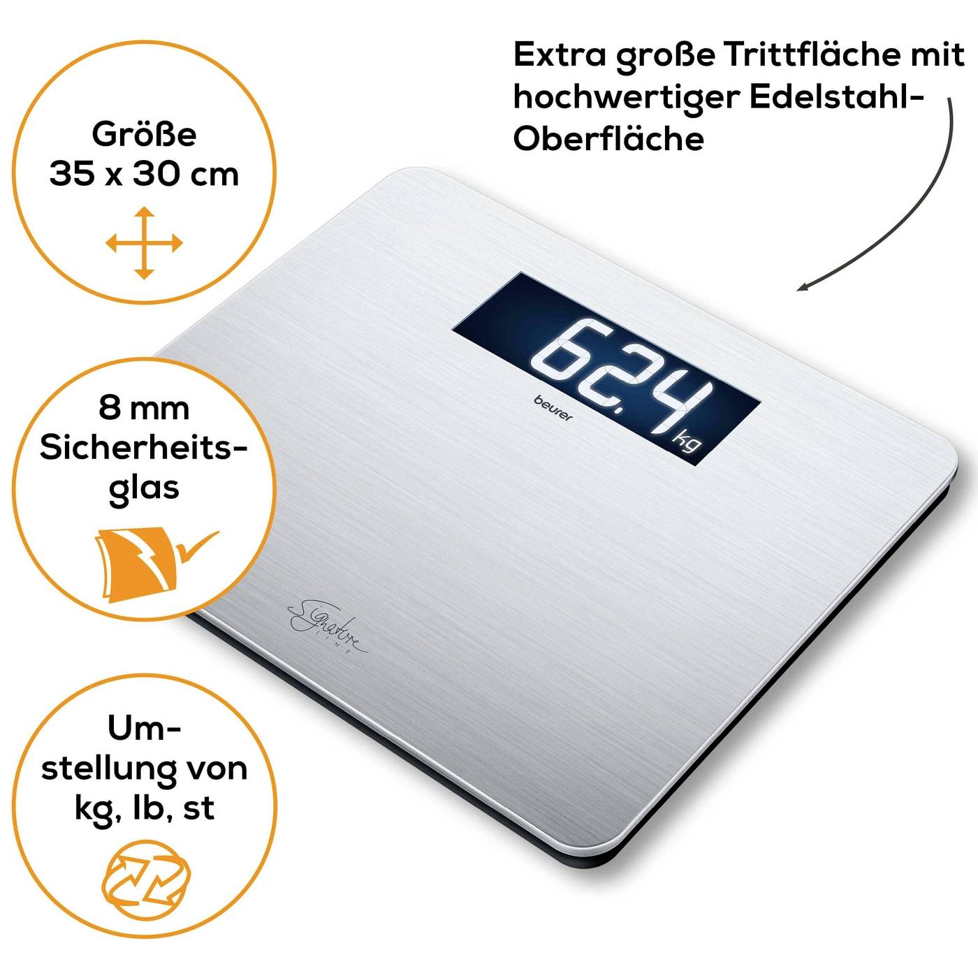 Digitální osobní váha z nerezové oceli, zobrazuje 62,4 kg. Vlastnosti: rozměry 35 x 30 cm, 8mm bezpečnostní sklo, přepínání mezi kg, lb, st.