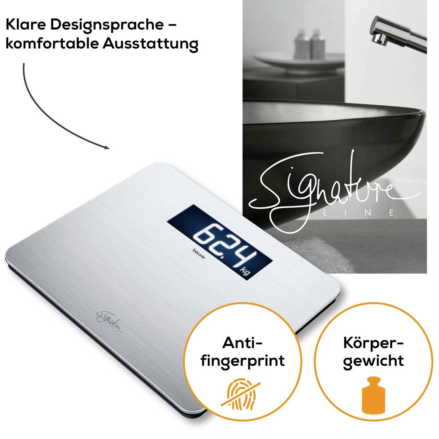 Digitální osobní váha v moderním designu s funkcí 'Anti-fingerprint'. Váha ukazuje hmotnost 62,4 kg. Slogan: 'Jasná designová řeč – komfortní vybavení'.