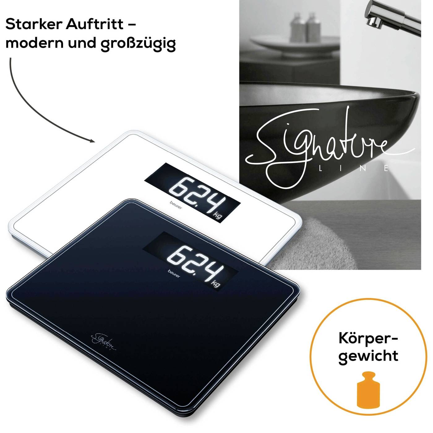 Dvě digitální váhy s nápisem 'Signature Line' na stole. Jedna černá a jedna bílá váha, ukazatel hmotnosti 62,4 kg.