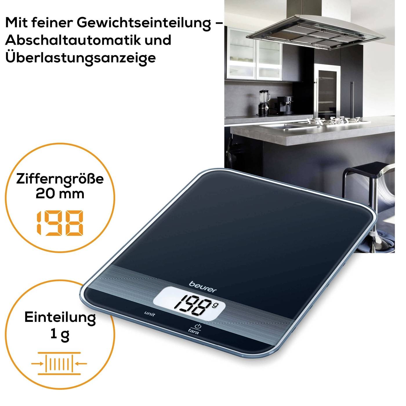 Elektronická kuchyňská váha v moderním designu na kuchyňské pracovní desce. Velký LED displej, jemné rozdělení hmotnosti, kroky po 1g.