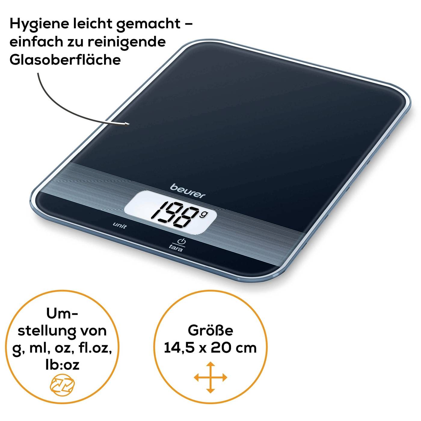 Digitální kuchyňská váha se skleněným panelem, zobrazuje hmotnost 189 g. Snadno se čistí, rozměry 14,5 x 20 cm, přepínatelná mezi g, ml, oz.