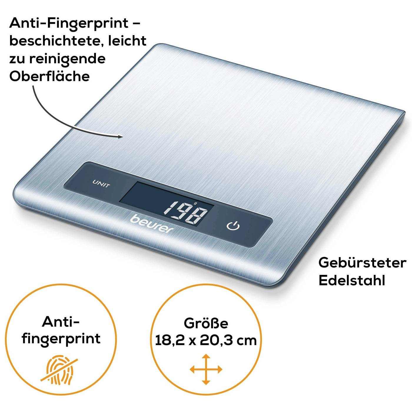 Digitální kuchyňská váha z kartáčované nerezové oceli s Anti-Fingerprint povrchem, snadno omyvatelná. Na displeji zobrazuje '198' gramů. Rozměry: 18,2 x 20,3 cm.