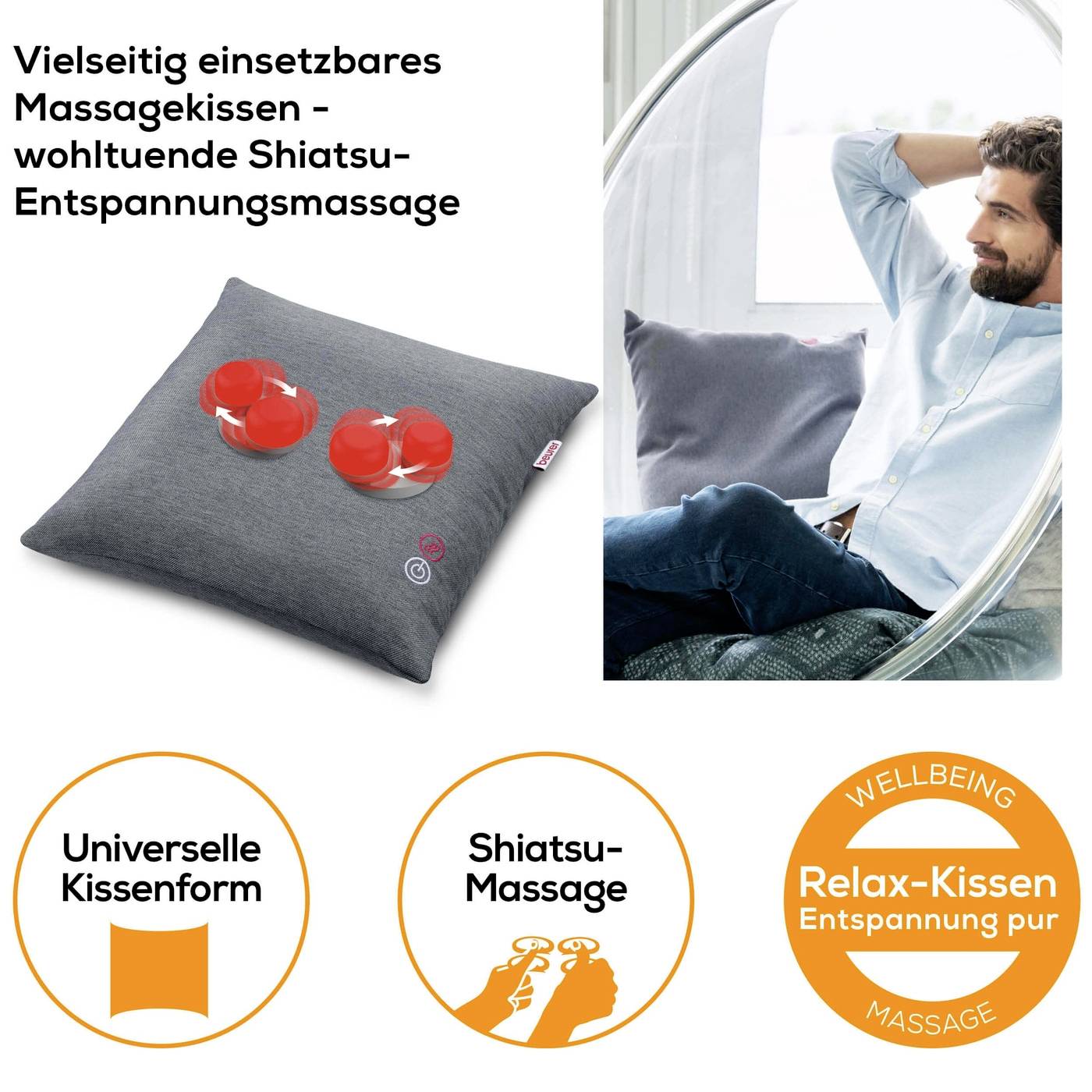 Muž se opírá v křesle a dívá se na šedý masážní polštář položený na stole. Text: Všestranně použitelný Shiatsu masážní polštář.