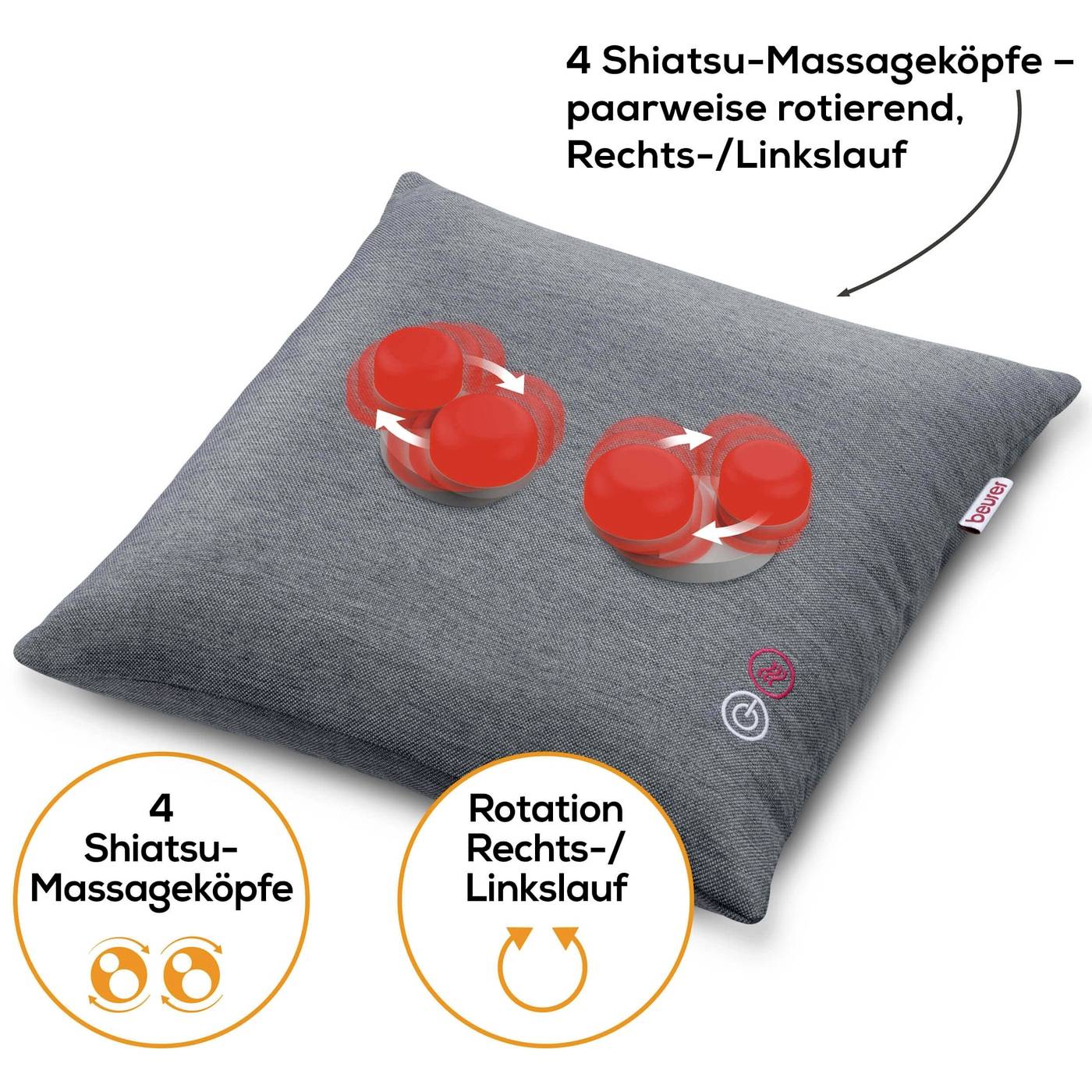 Polštář se 4 rotujícími masážními hlavicemi Shiatsu, které pracují ve směru a proti směru hodinových ručiček.