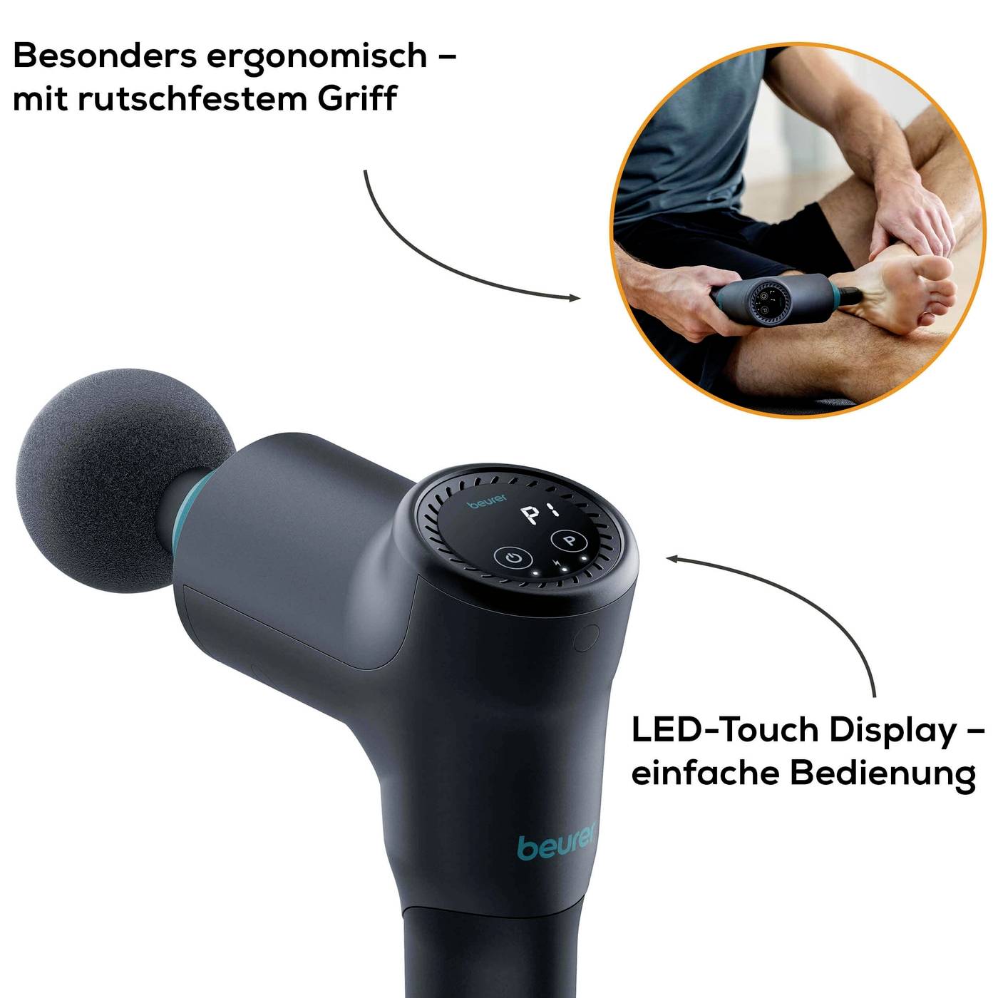 Masážní přístroj s ergonomickou rukojetí. Osoba používá přístroj na svalech nohou. LED dotykový displej pro snadné ovládání, černý design.