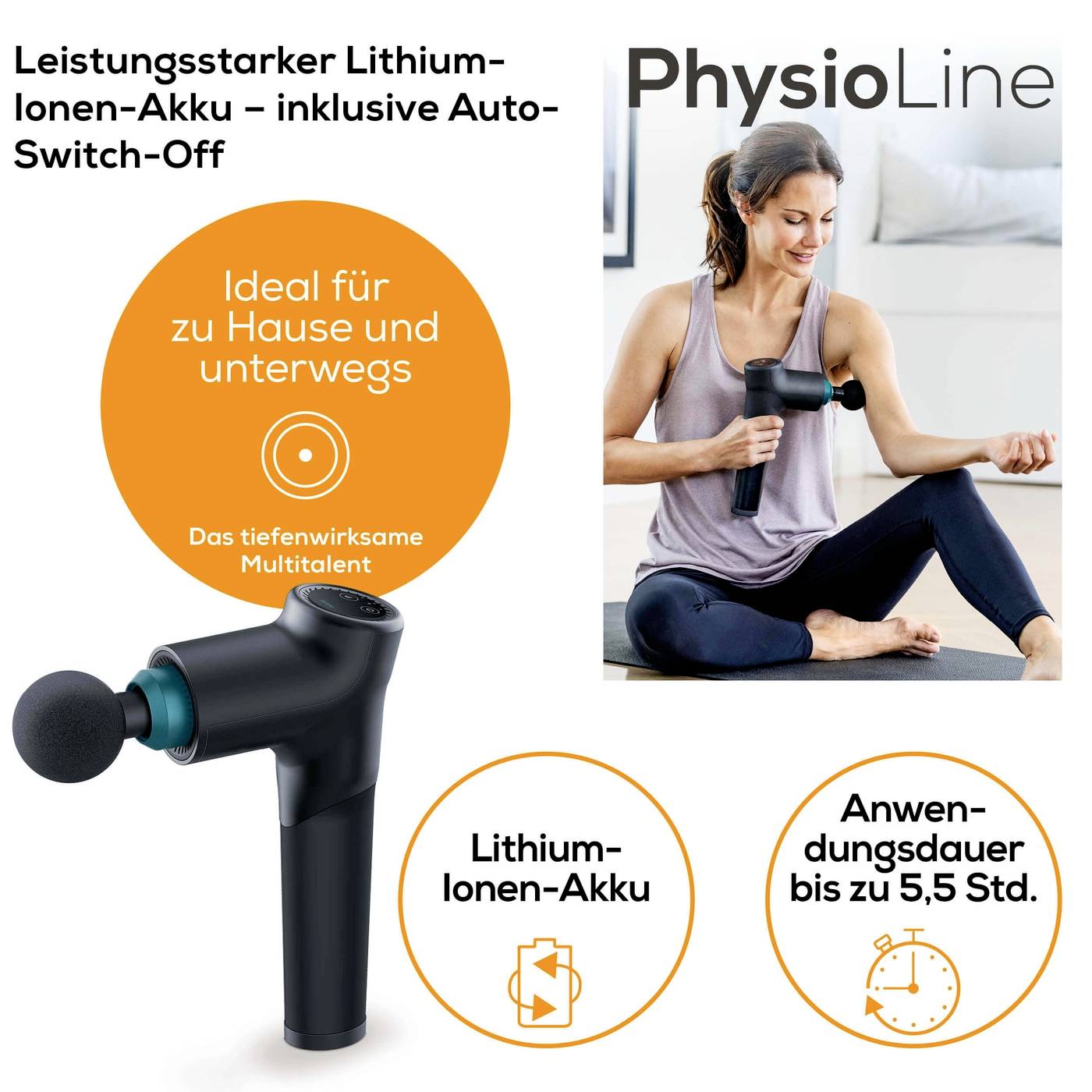 Žena používá masážní přístroj. Text: 'Ideální pro domácí použití i na cestách'. Přístroj s lithium-iontovou baterií, doba použití až 5,5 hodiny.