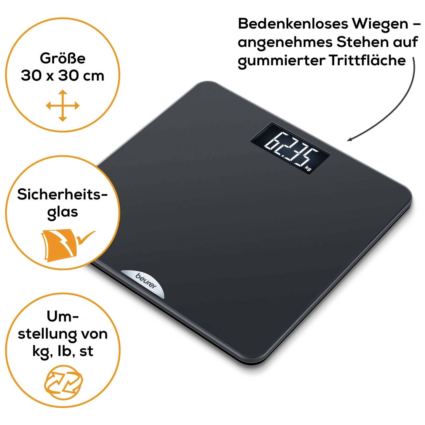 Digitální váha s protiskluzovou stupní plochou a bezpečnostním sklem, ukazatel 63,3 kg. Rozměr 30x30 cm, přepínatelná na kg, lb, st.