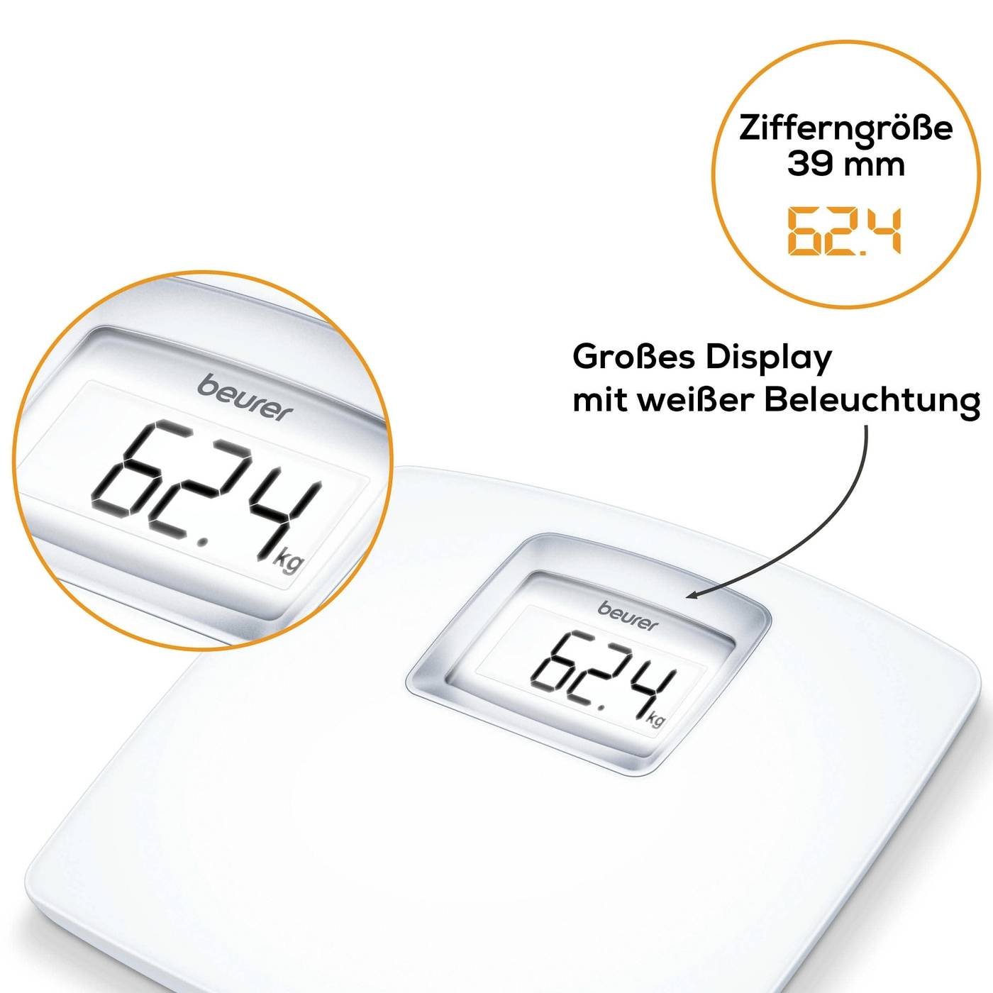 Digitální osobní váha ukazuje 62,4 kg. Velký displej s bílým podsvícením a velikostí číslic 39 mm.