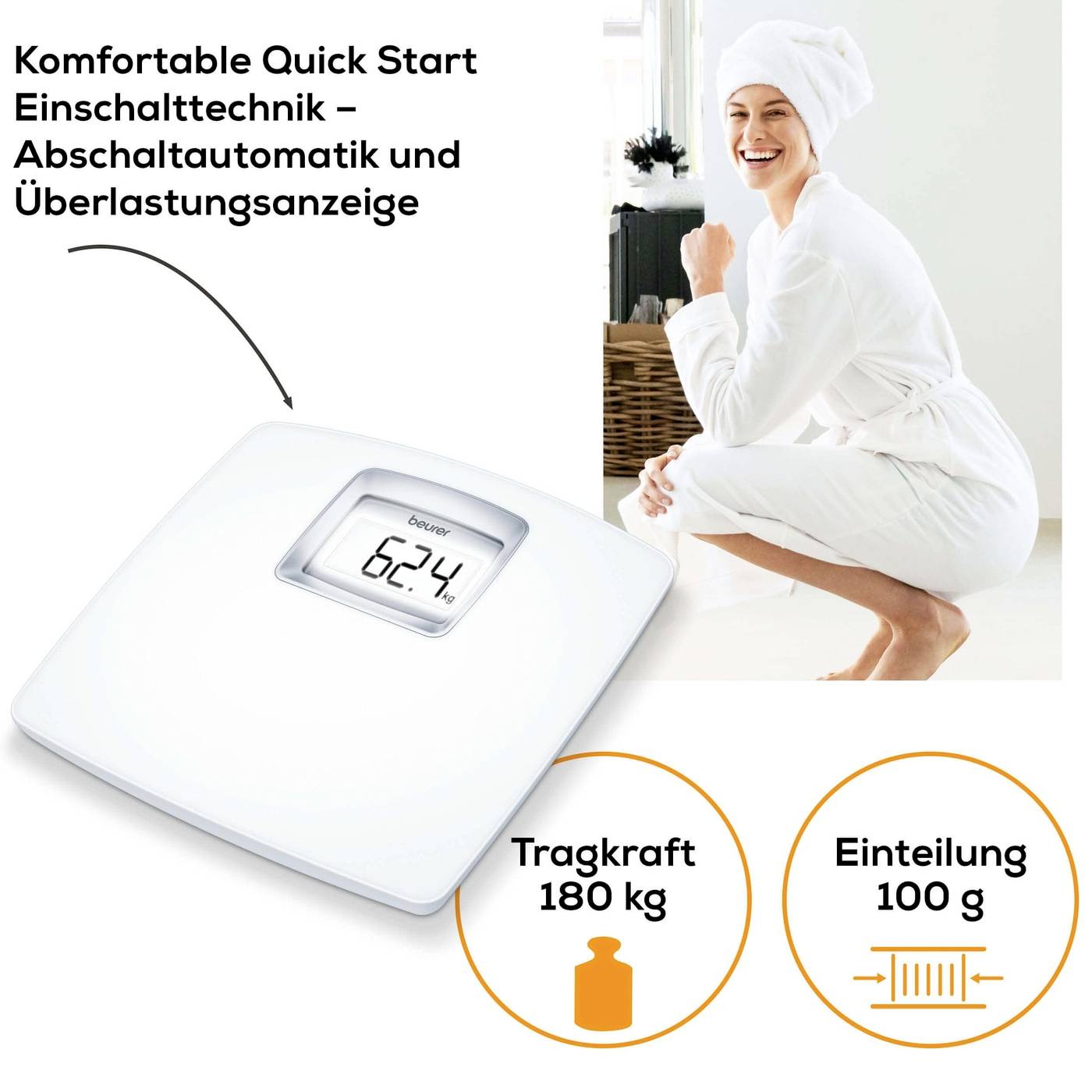 Žena v županu klečí vedle digitální váhy s displejem '62,4 kg'. Text: 'Komfortní technologie rychlého spouštění – automatické vypnutí a indikace přetížení'. Nosnost: 180 kg, dělení: 100 g.
