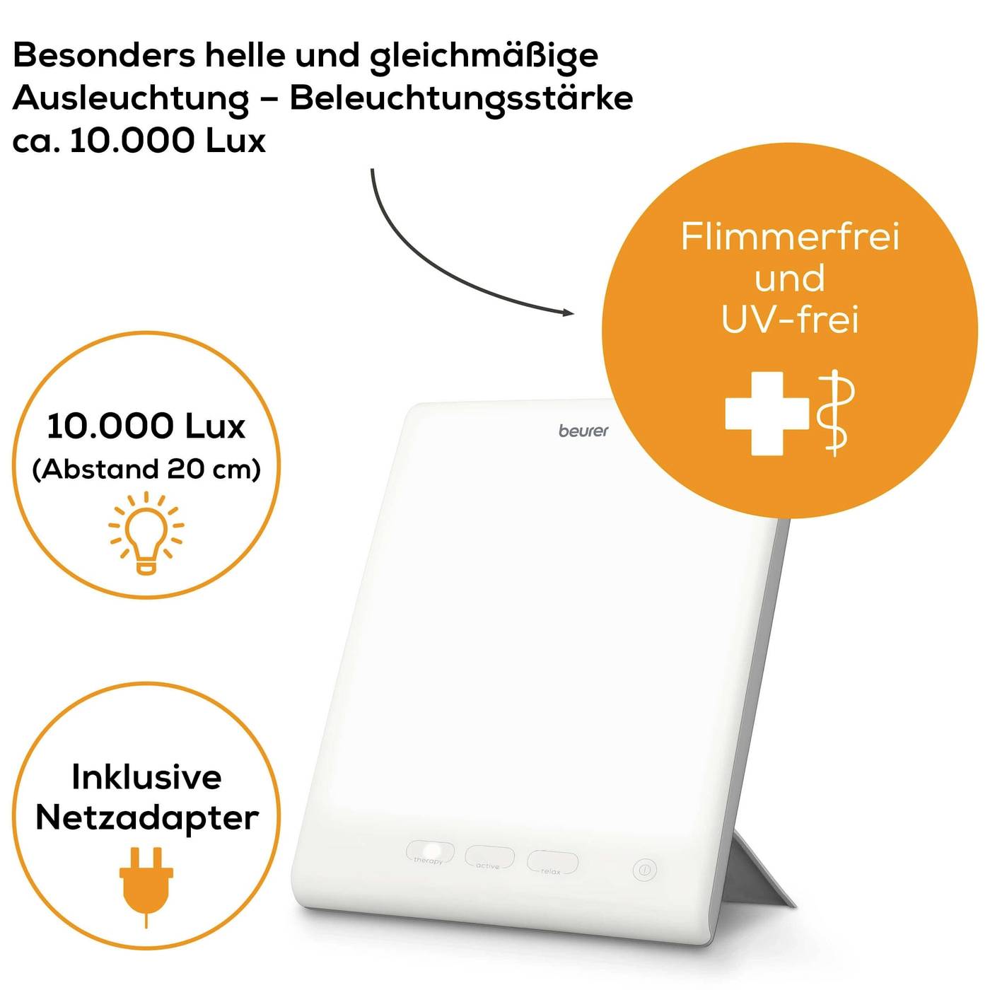 'Světelná terapeutická lampa od Beurer, 10.000 luxů při 20 cm, bez blikání a bez UV záření, včetně síťového adaptéru.'