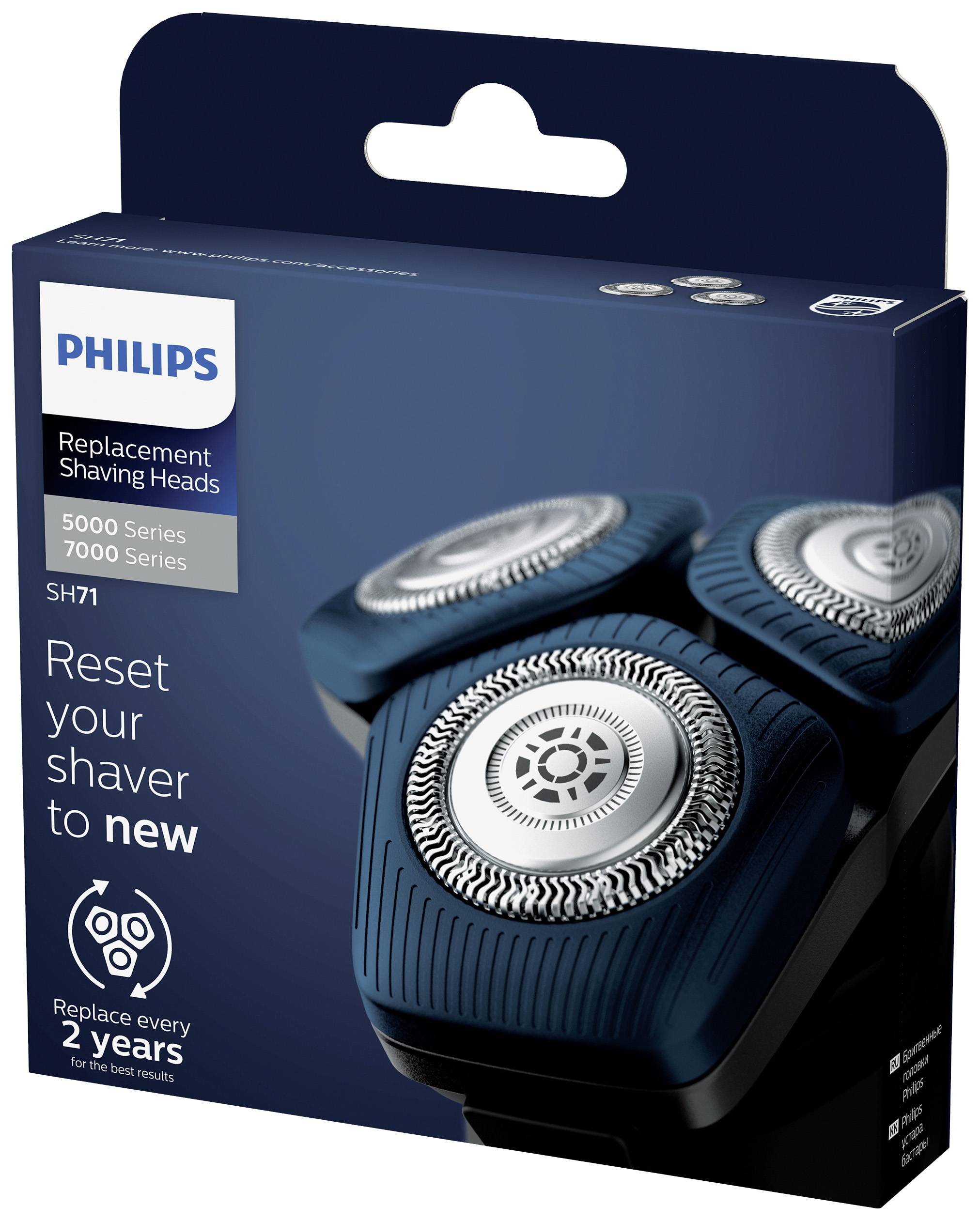 Obal náhradních holicích hlav Philips pro série 5000 a 7000, model SH71. Nápis: 'Obnovte svůj holicí strojek jako nový'.