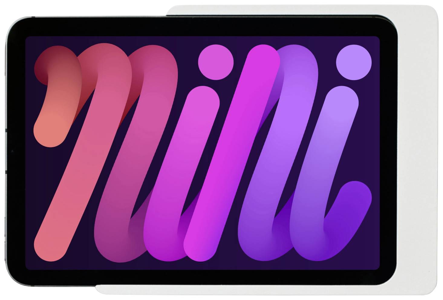 Tablet s nápisem 'mini' velkými písmeny s barevným přechodem na obrazovce, před tmavě fialovým pozadím.