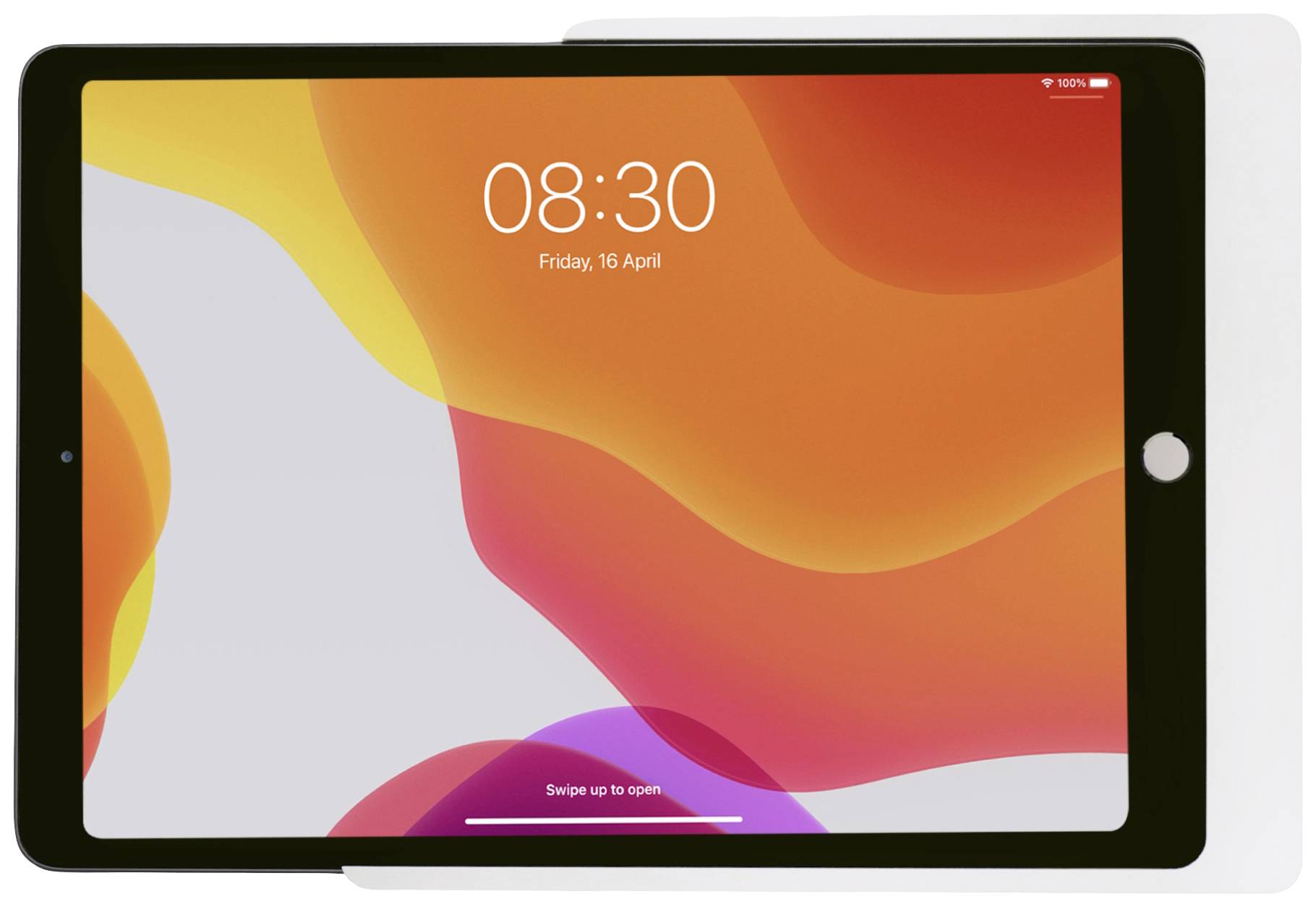 Digitální tablet s barevným, abstraktním designem na displeji. Nahoře je zobrazený čas '08:30' a datum 'pátek, 16. dubna'.