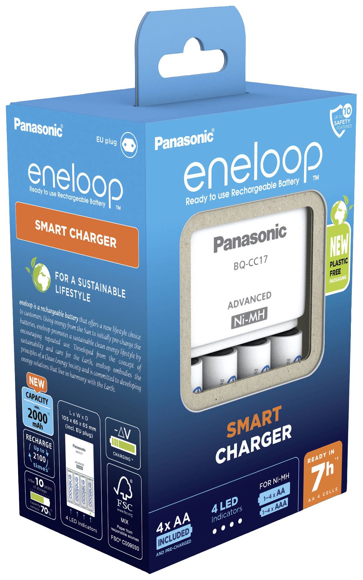 Na obrázku je vidět balení nabíječe Panasonic eneloop Smart Charger, který obsahuje čtyři akumulátory AA. Nápis zdůrazňuje udržitelnost.