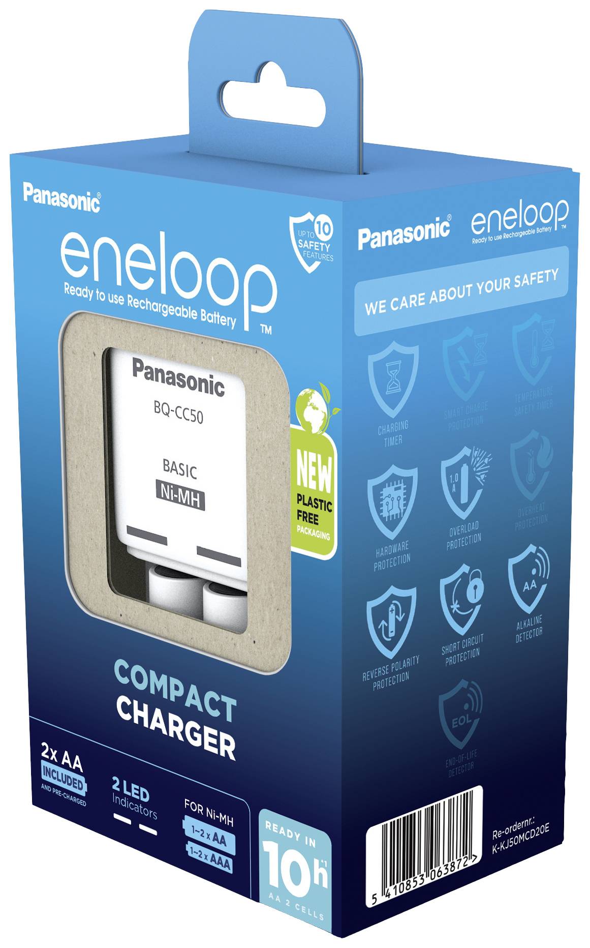 Nabíječka Panasonic eneloop Compact, balená v obalu; nabíjí AA baterie, bez plastů, doba nabíjení 10 hodin, se 2 LED indikátory a bezpečnostními funkcemi.