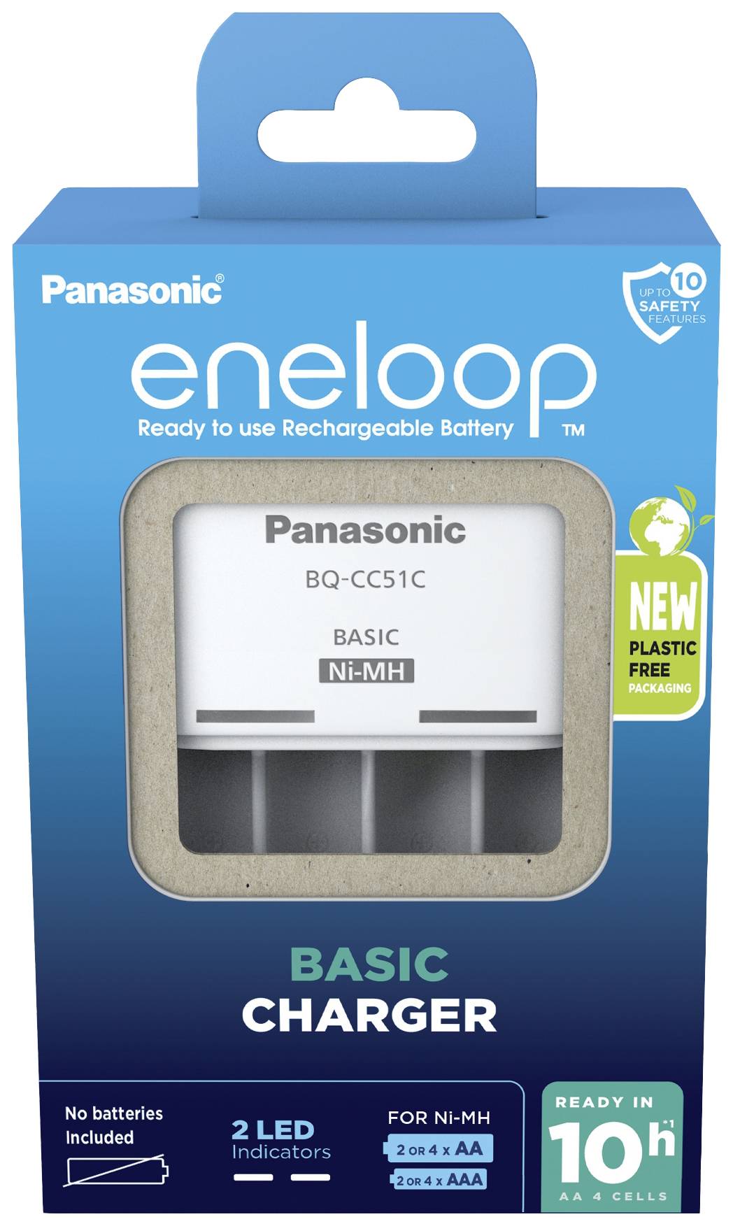 Nabíječka na baterie AA/AAA se dvěma LED indikátory a rychlým nabíjením za 10 hodin. Balení bez plastů. Značka: Panasonic eneloop.